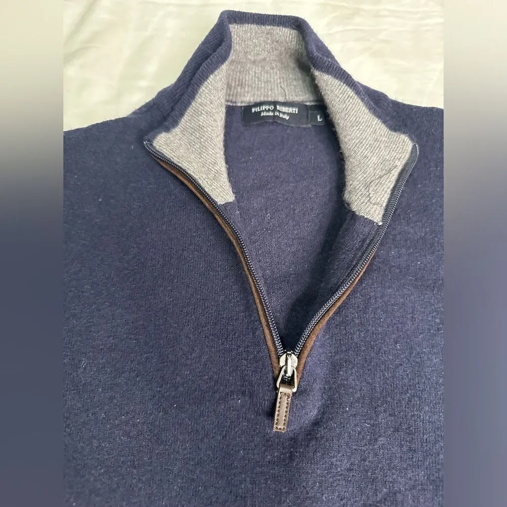 Men’s Filippo Riberti 1/4 ZIP Cashmere Wool Blend Golf Sweater Italy Made Navy L
